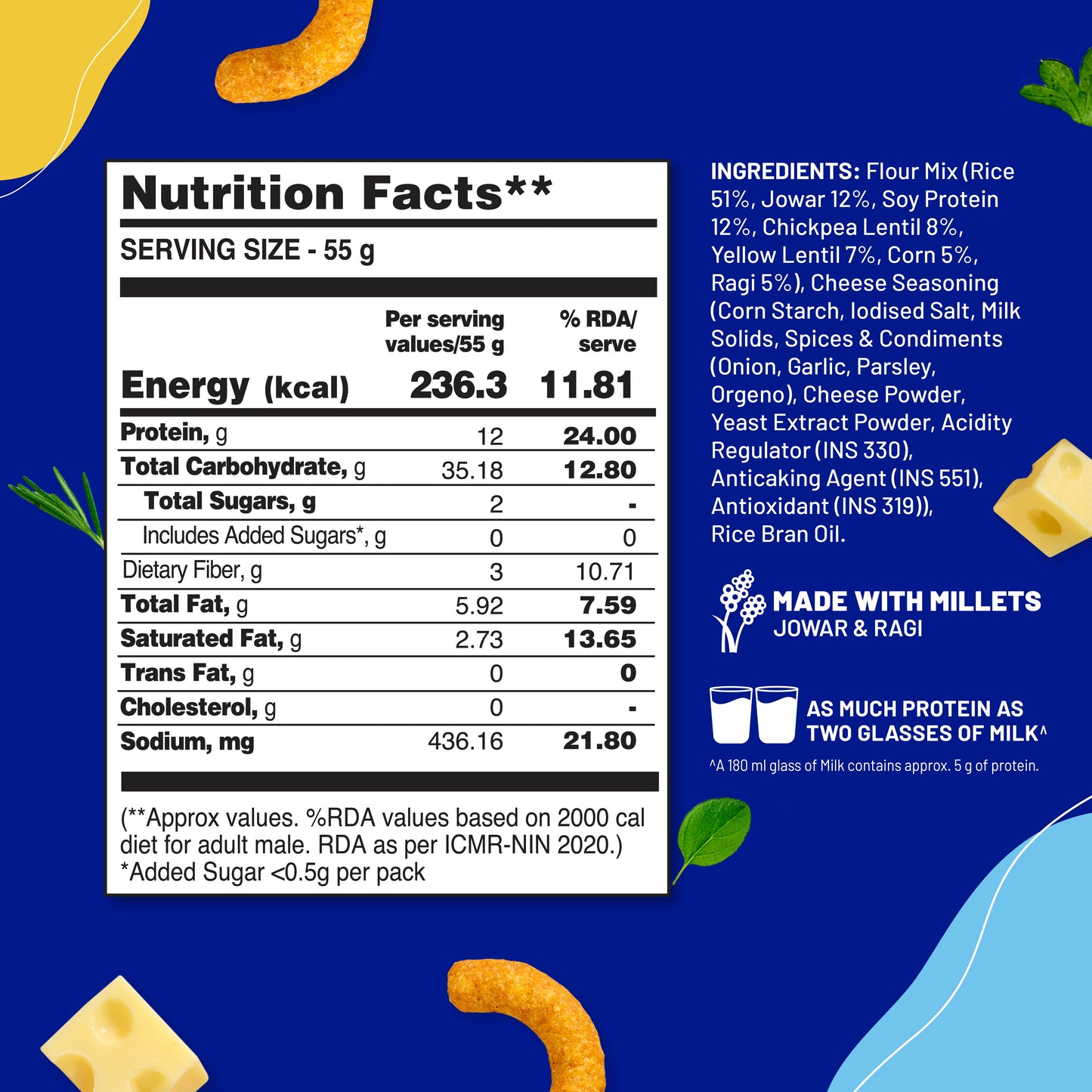 Protein Puffs - Cheese & Herbs | Healthy Roasted Snack with Jowar & Ragi | 12G Protein, Gluten free, No Trans-Fat, No Palm Oil | 55g x Pack of 6