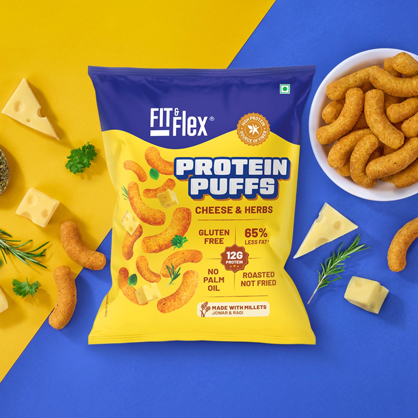 Protein Puffs - Cheese & Herbs | Healthy Roasted Snack with Jowar & Ragi | 12G Protein, Gluten free, No Trans-Fat, No Palm Oil | 55g x Pack of 6