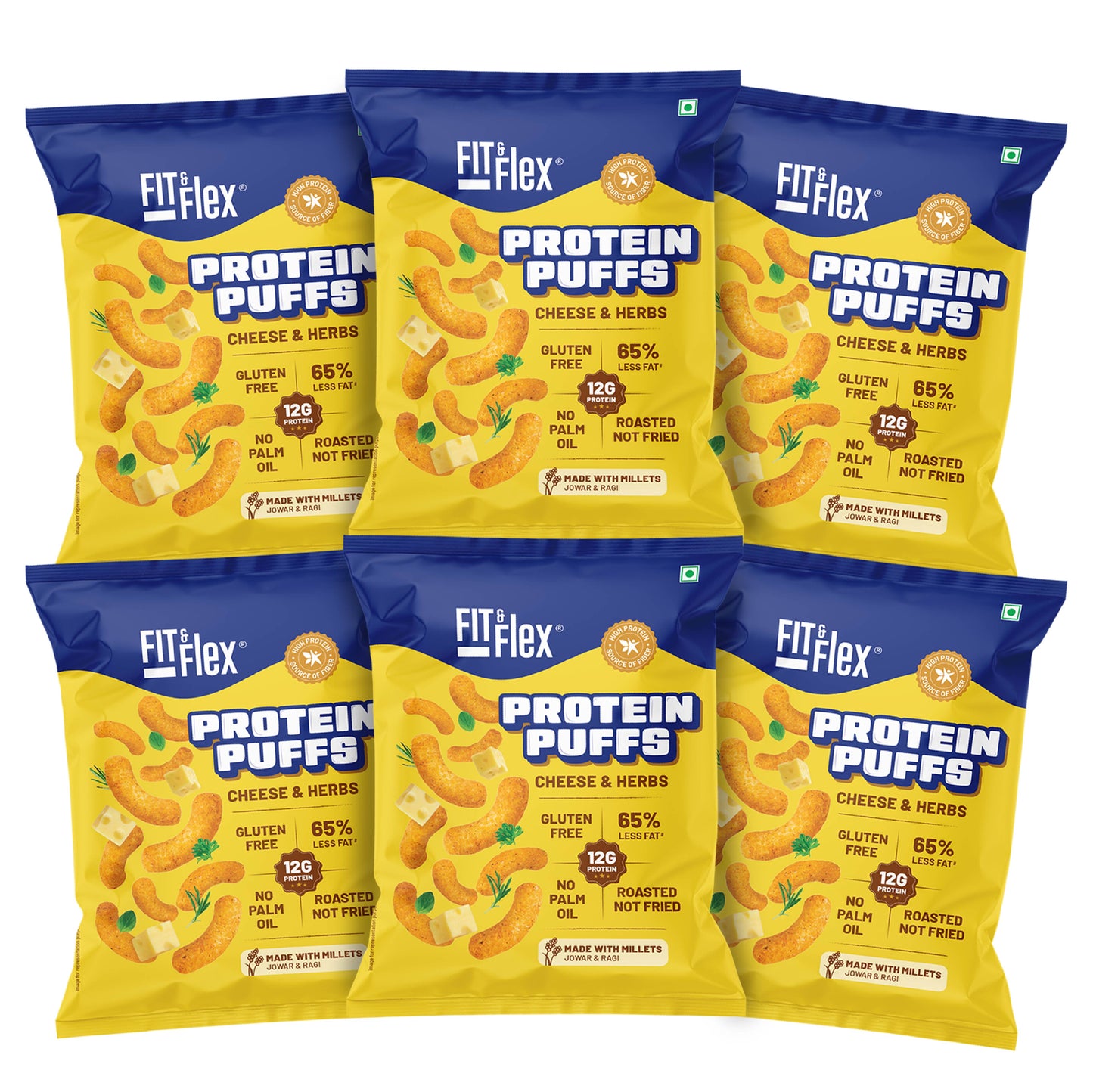 Protein Puffs - Cheese & Herbs | Healthy Roasted Snack with Jowar & Ragi | 12G Protein, Gluten free, No Trans-Fat, No Palm Oil | 55g x Pack of 6