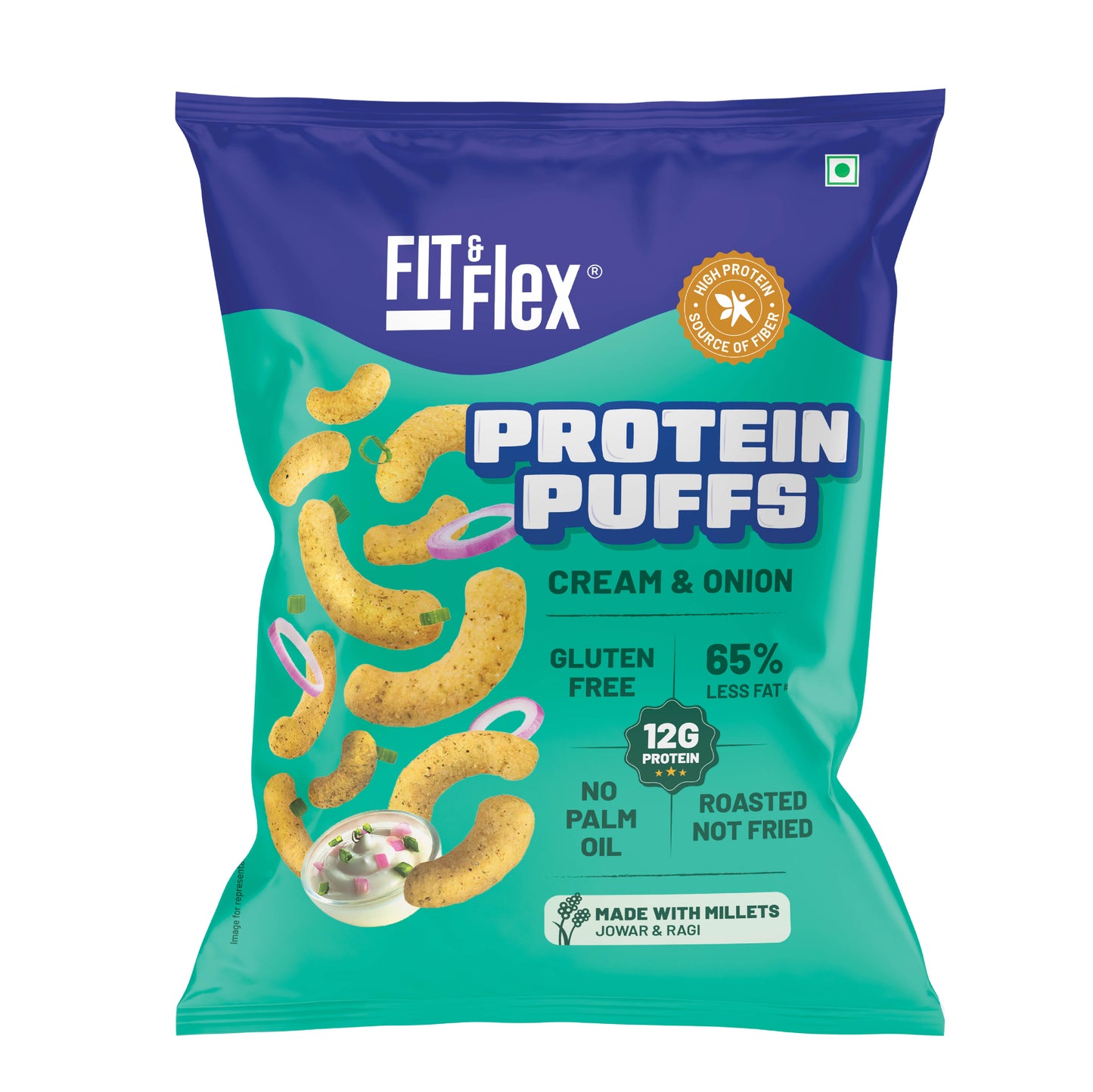 Protein Puffs - Cream & Onion | Healthy Roasted Snack with Jowar & Ragi | 12G Protein, Gluten free, No Trans-Fat, No Palm Oil | 55g x Pack of 6