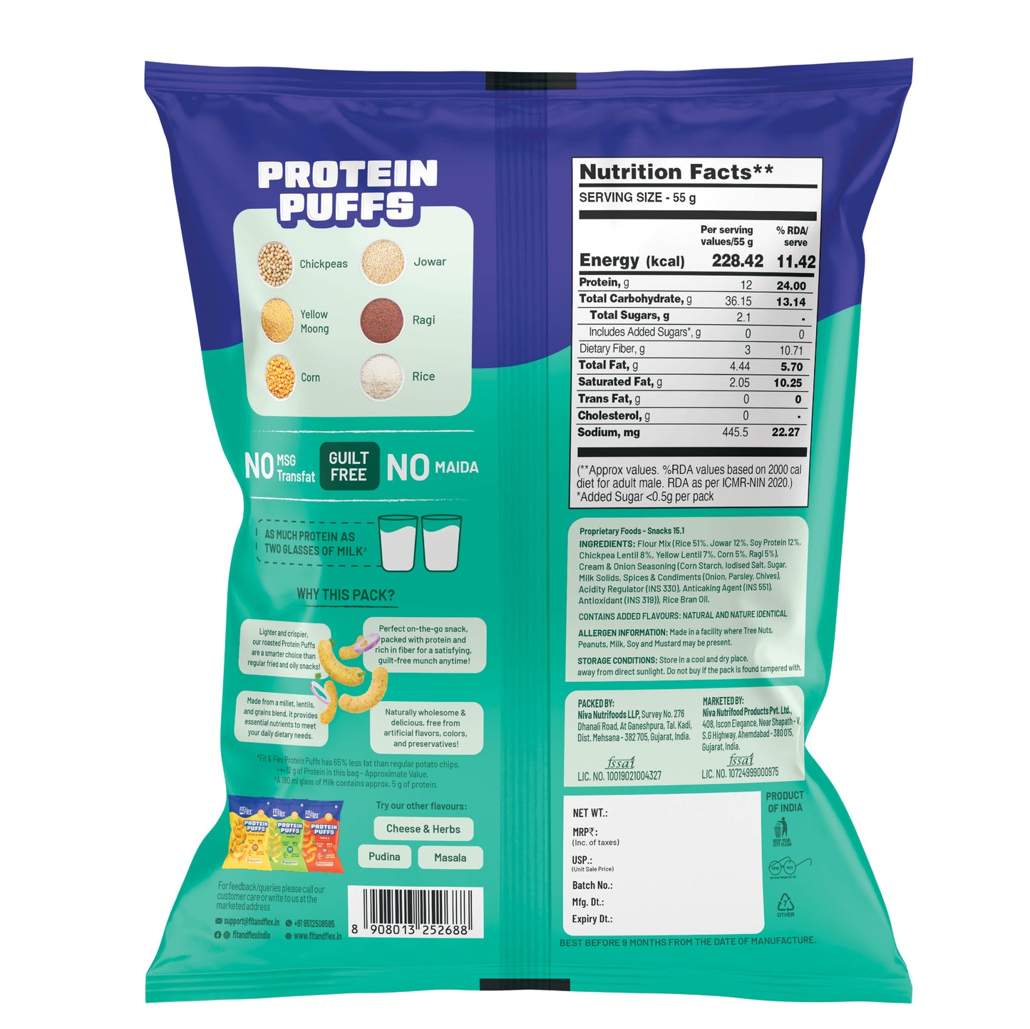 Protein Puffs - Cream & Onion | Healthy Roasted Snack with Jowar & Ragi | 12G Protein, Gluten free, No Trans-Fat, No Palm Oil | 55g x Pack of 6