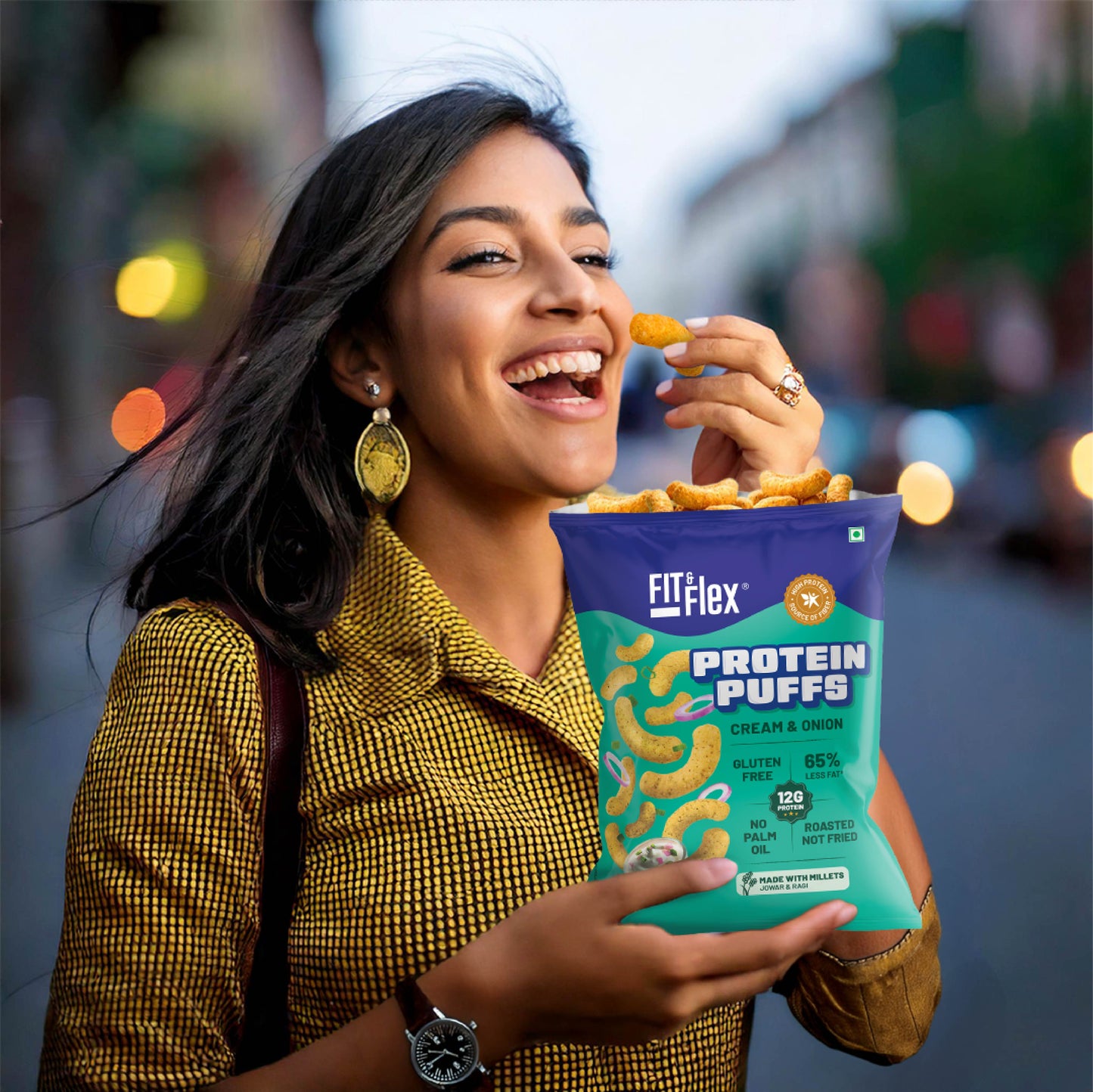 Protein Puffs - Cream & Onion | Healthy Roasted Snack with Jowar & Ragi | 12G Protein, Gluten free, No Trans-Fat, No Palm Oil | 55g x Pack of 6
