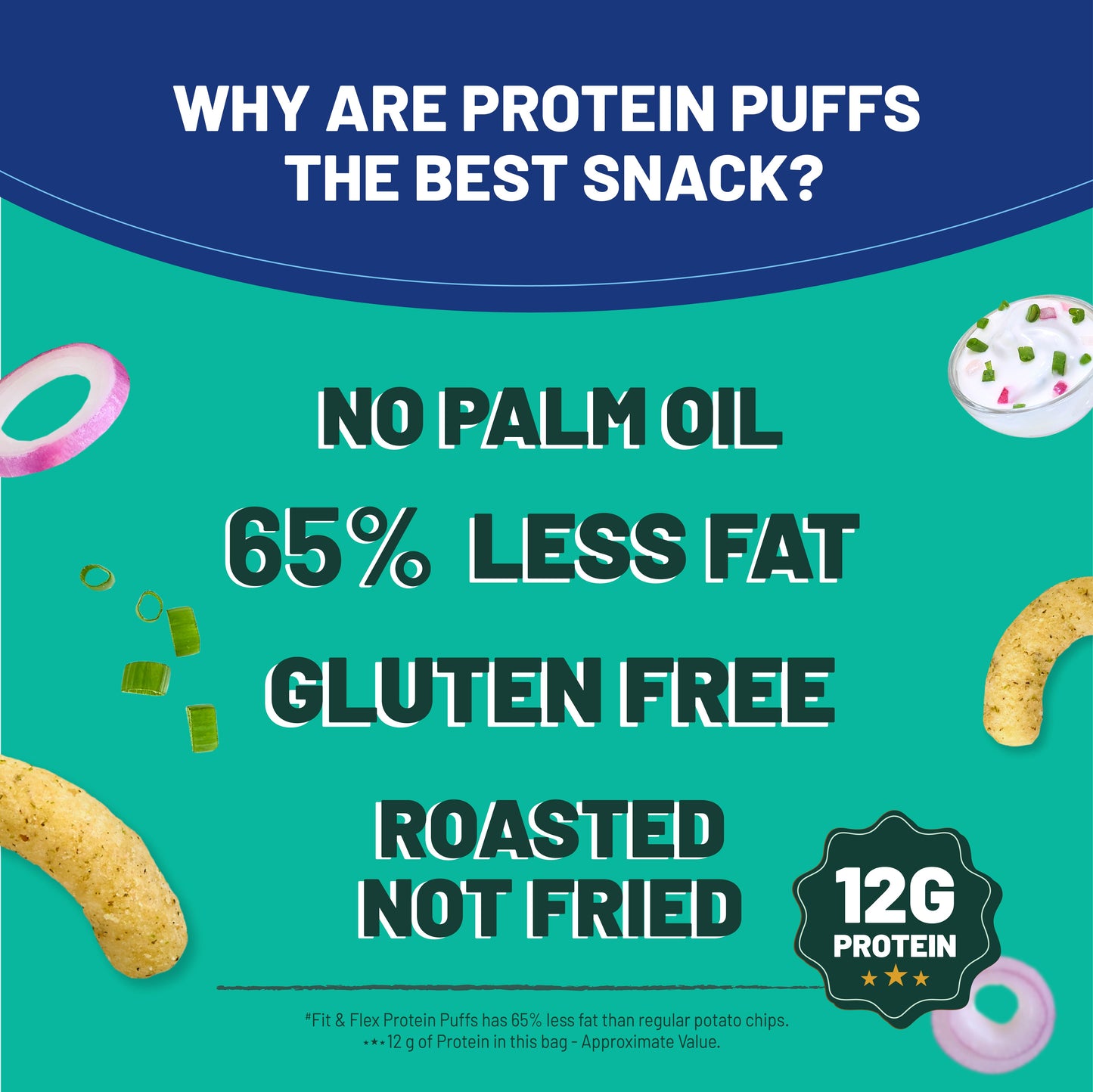 Protein Puffs - Cream & Onion | Healthy Roasted Snack with Jowar & Ragi | 12G Protein, Gluten free, No Trans-Fat, No Palm Oil | 55g x Pack of 6