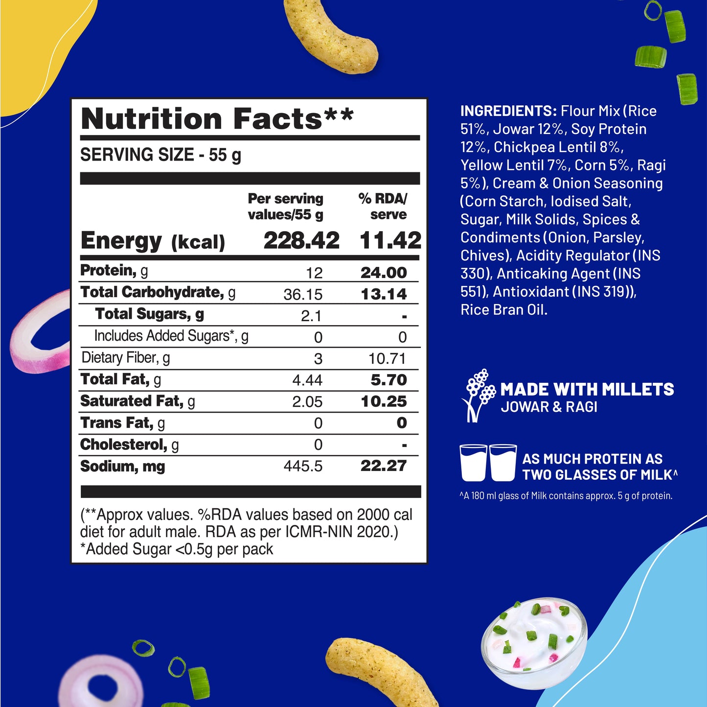 Protein Puffs - Cream & Onion | Healthy Roasted Snack with Jowar & Ragi | 12G Protein, Gluten free, No Trans-Fat, No Palm Oil | 55g x Pack of 6