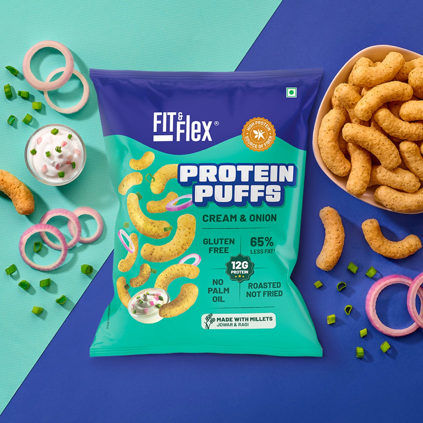 Protein Puffs - Cream & Onion | Healthy Roasted Snack with Jowar & Ragi | 12G Protein, Gluten free, No Trans-Fat, No Palm Oil | 55g x Pack of 6
