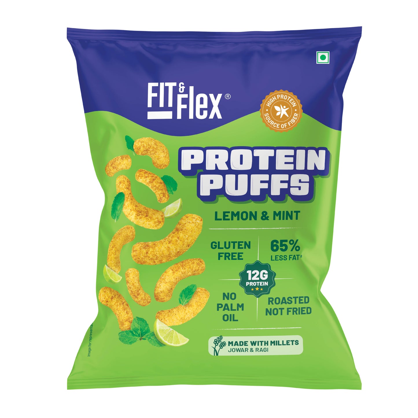 Protein Puffs - Lemon & Mint | Healthy Roasted Snack with Jowar & Ragi | 12G Protein, Gluten free, No Trans-Fat, No Palm Oil | 55g x Pack of 6