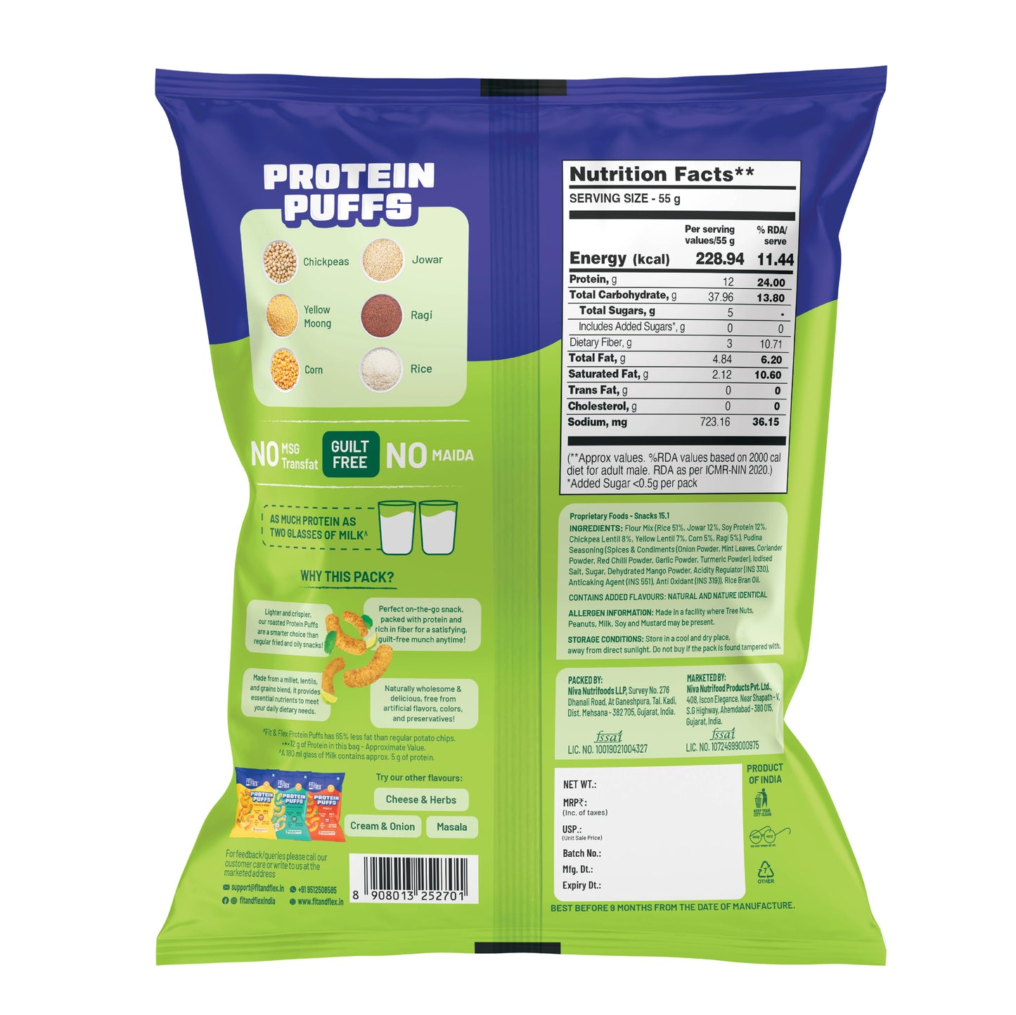 Protein Puffs - Lemon & Mint | Healthy Roasted Snack with Jowar & Ragi | 12G Protein, Gluten free, No Trans-Fat, No Palm Oil | 55g x Pack of 6