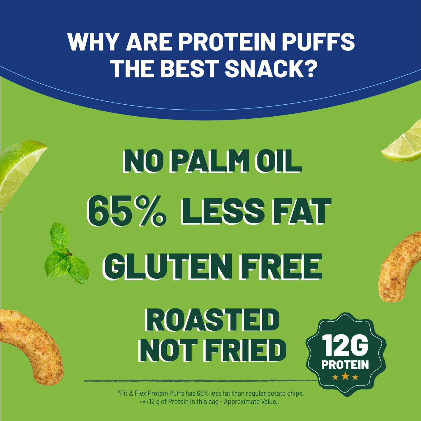 Protein Puffs - Lemon & Mint | Healthy Roasted Snack with Jowar & Ragi | 12G Protein, Gluten free, No Trans-Fat, No Palm Oil | 55g x Pack of 6