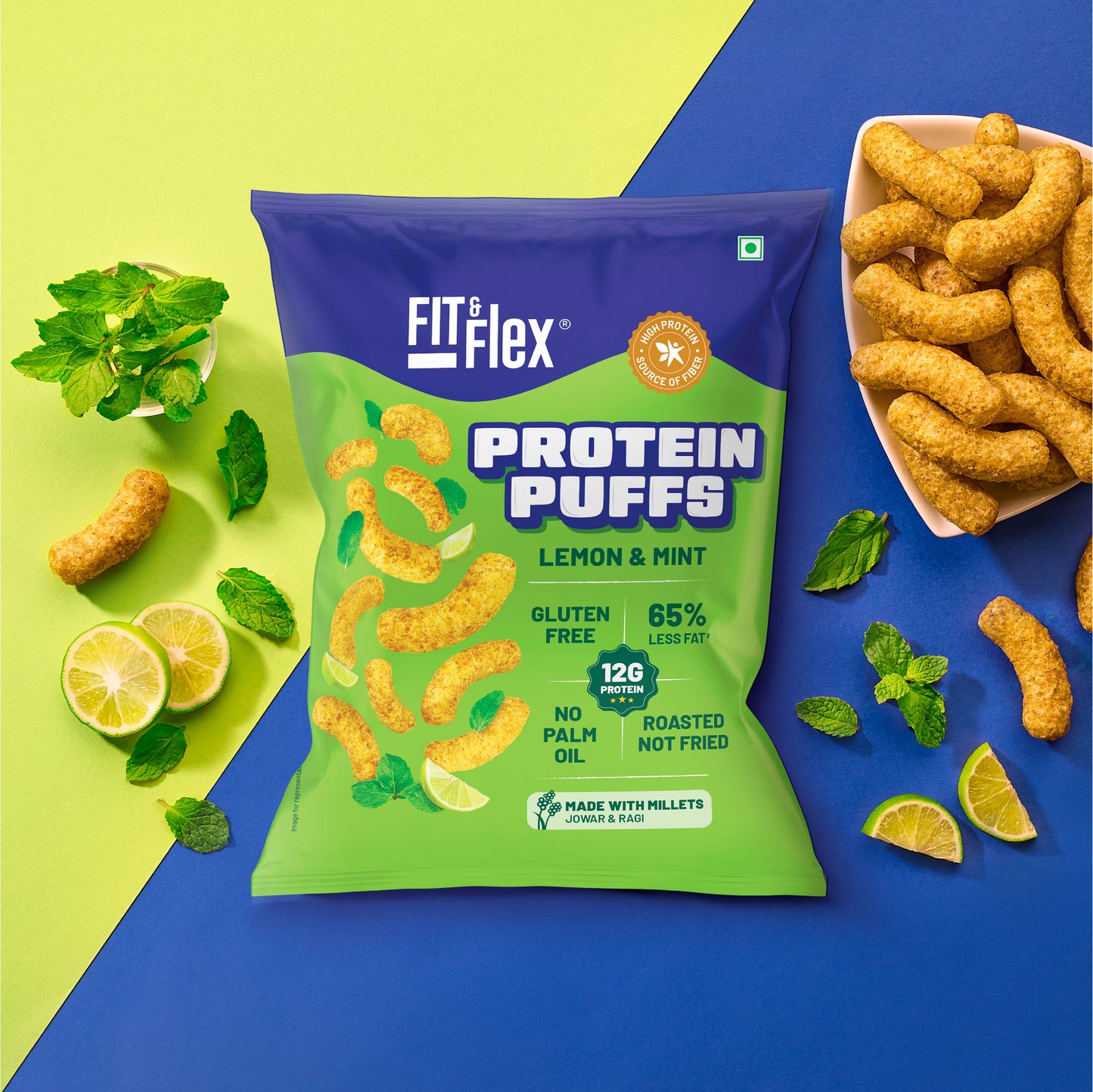 Protein Puffs - Lemon & Mint | Healthy Roasted Snack with Jowar & Ragi | 12G Protein, Gluten free, No Trans-Fat, No Palm Oil | 55g x Pack of 6