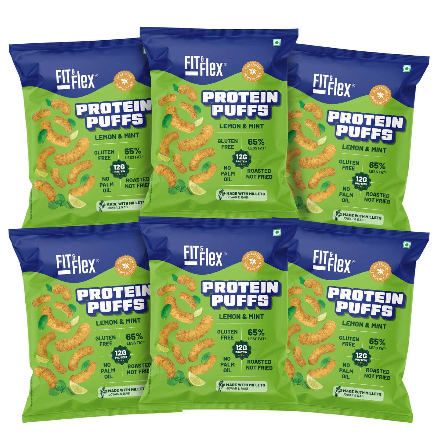 Protein Puffs - Lemon & Mint | Healthy Roasted Snack with Jowar & Ragi | 12G Protein, Gluten free, No Trans-Fat, No Palm Oil | 55g x Pack of 6