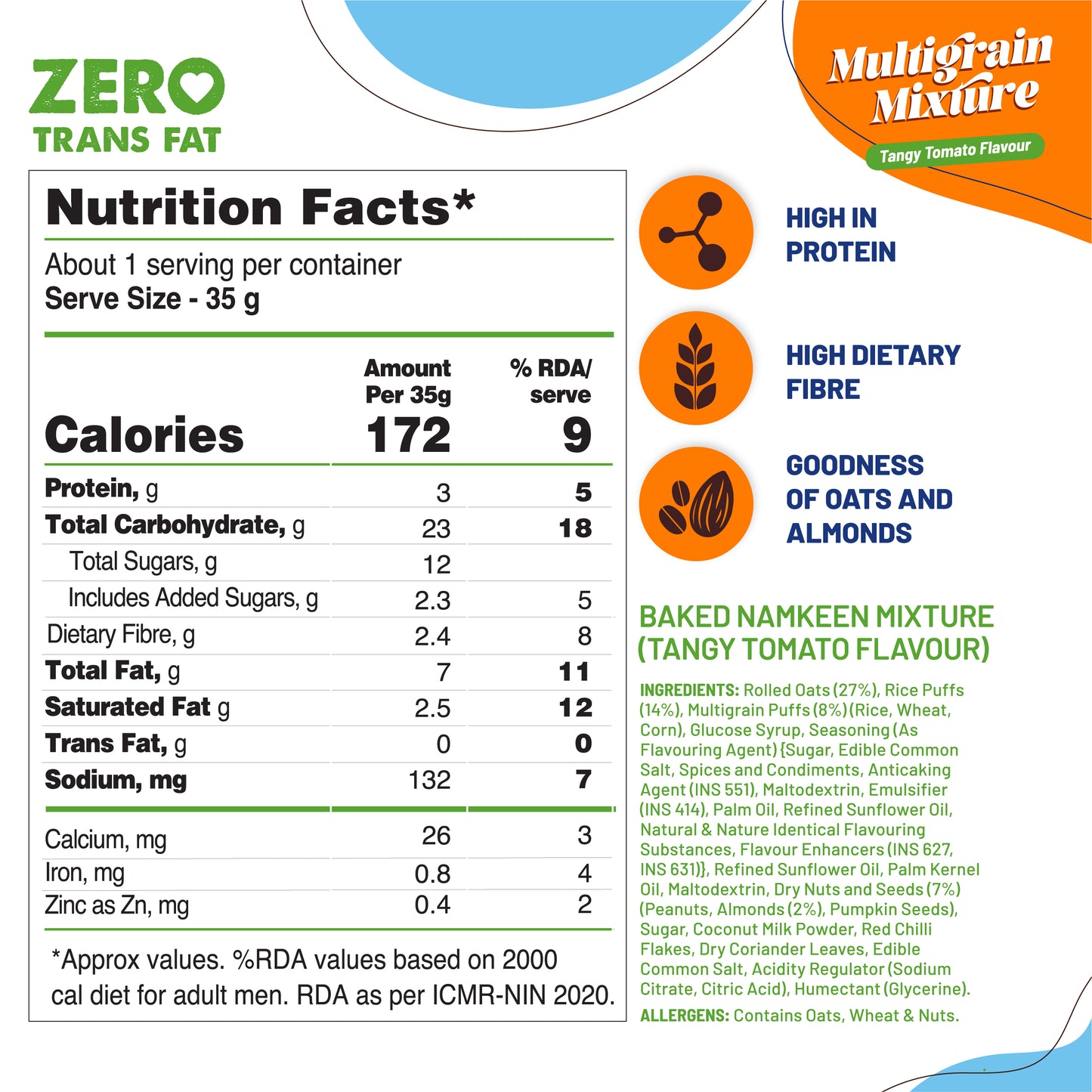 Tangy Tomato Multigrain Mixture (Pack of 2 - 180G x 2) High Fibre, Loaded with Nuts & Seeds