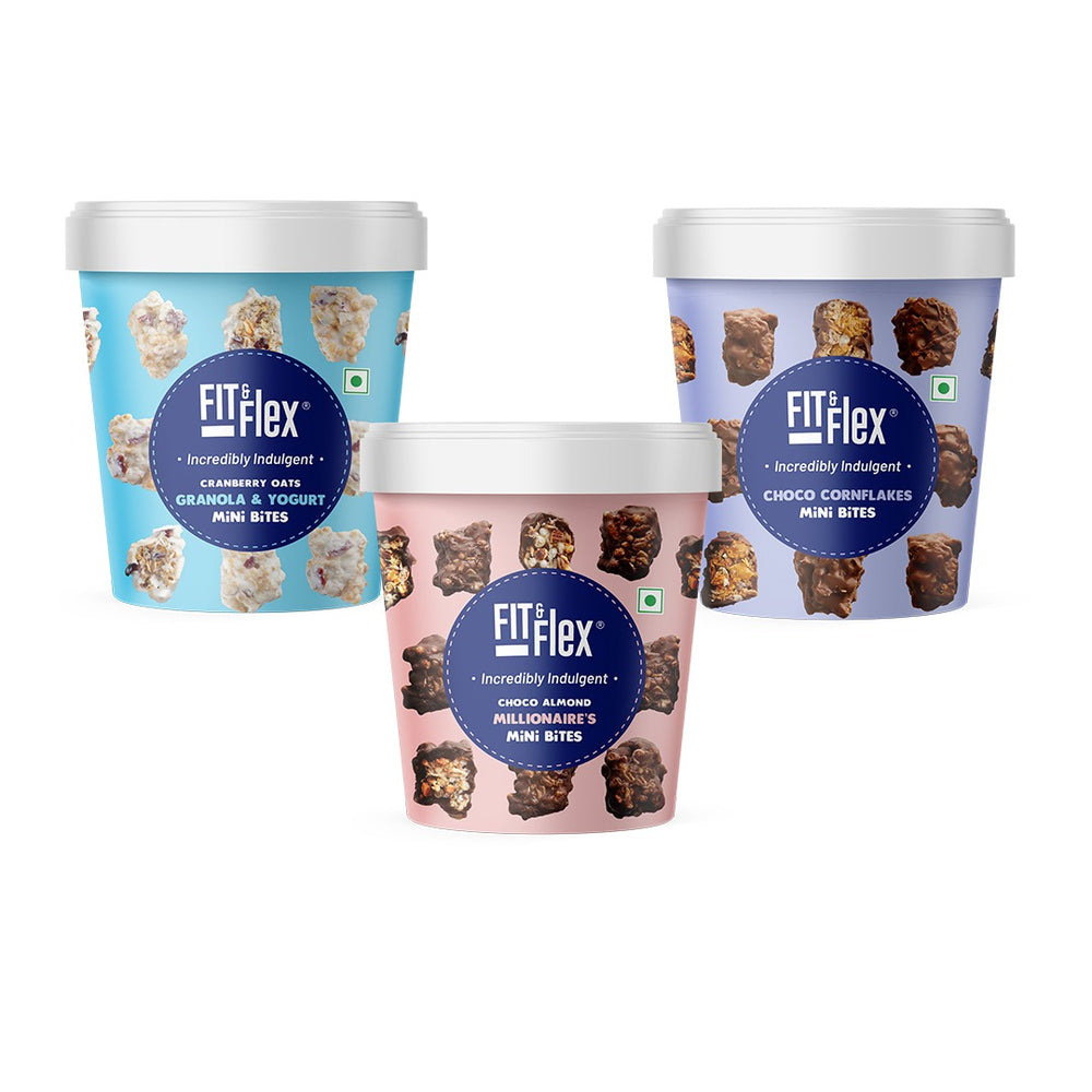 Assorted Pack of 3 Mini Bites (70g x 3) | Choco Almond Millionnaires, Cranberry Oats Granola & Yogurt, Choco Cornflakes