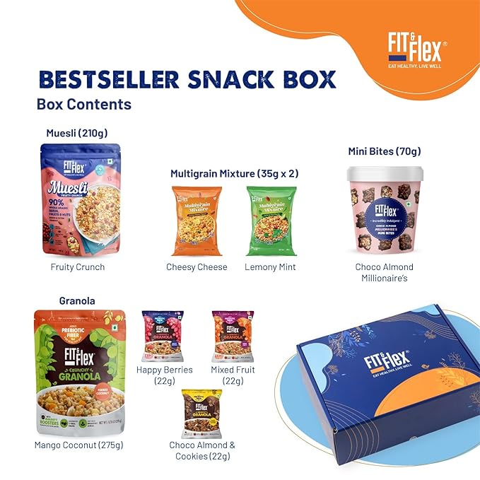 
                  
                    Gift Hamper Box Assorted Pack of Premium Snacks (Granola, Muesli, Chocolates & Namkeen) | Pack of 8
                  
                