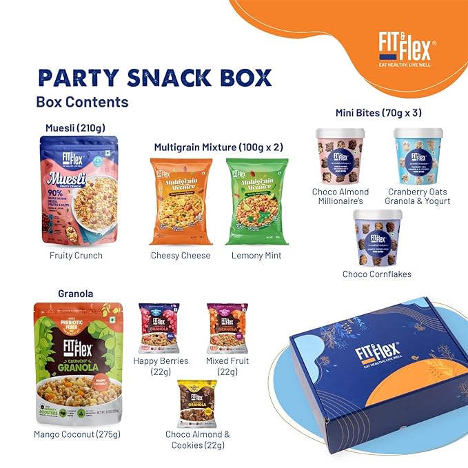 
                  
                    Gift Hamper Box Assorted Pack of Premium Snacks (Granola, Muesli, Chocolates & Namkeen) | Pack of 10
                  
                
