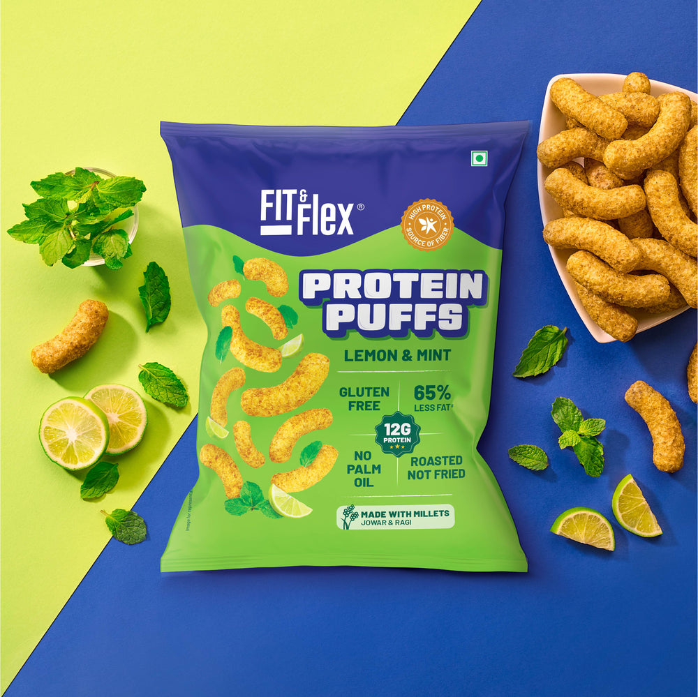 
                  
                    Protein Puffs - Lemon & Mint | Healthy Roasted Snack with Jowar & Ragi | 12G Protein, Gluten free, No Trans-Fat, No Palm Oil | 55g x Pack of 6
                  
                