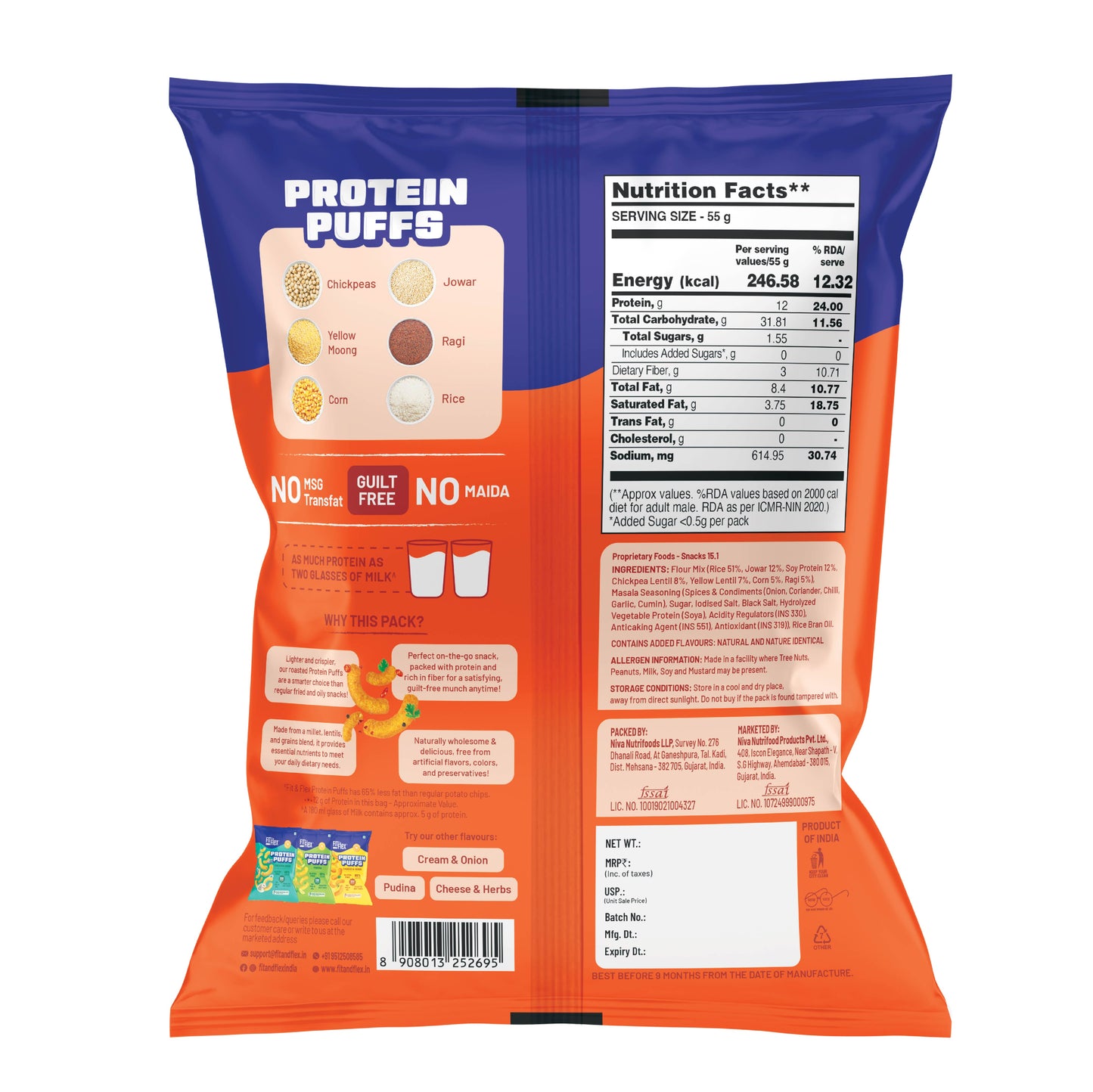 
                  
                    Protein Puffs - Masala | Healthy Roasted Snack with Jowar & Ragi | 12G Protein, Gluten free, No Trans-Fat, No Palm Oil | 55g x Pack of 6
                  
                