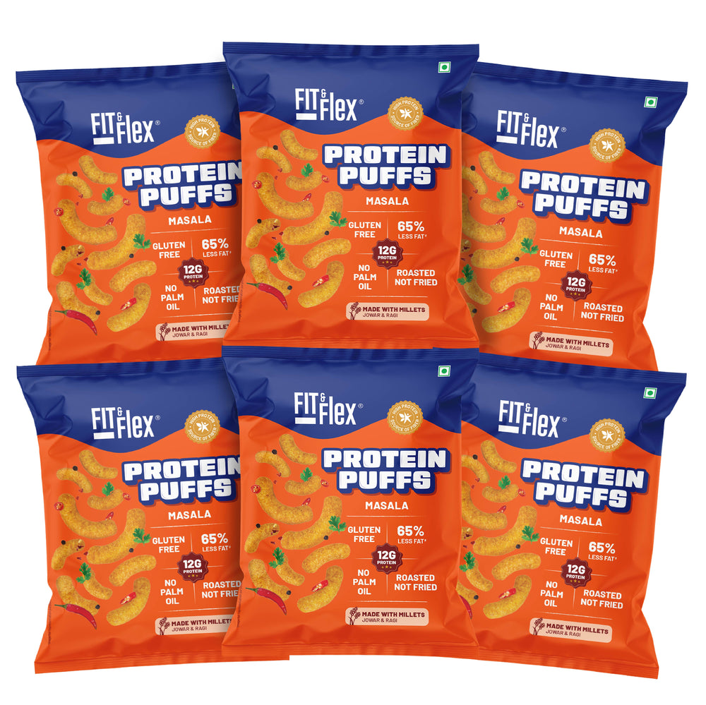 Protein Puffs - Masala | Healthy Roasted Snack with Jowar & Ragi | 12G Protein, Gluten free, No Trans-Fat, No Palm Oil | 55g x Pack of 6