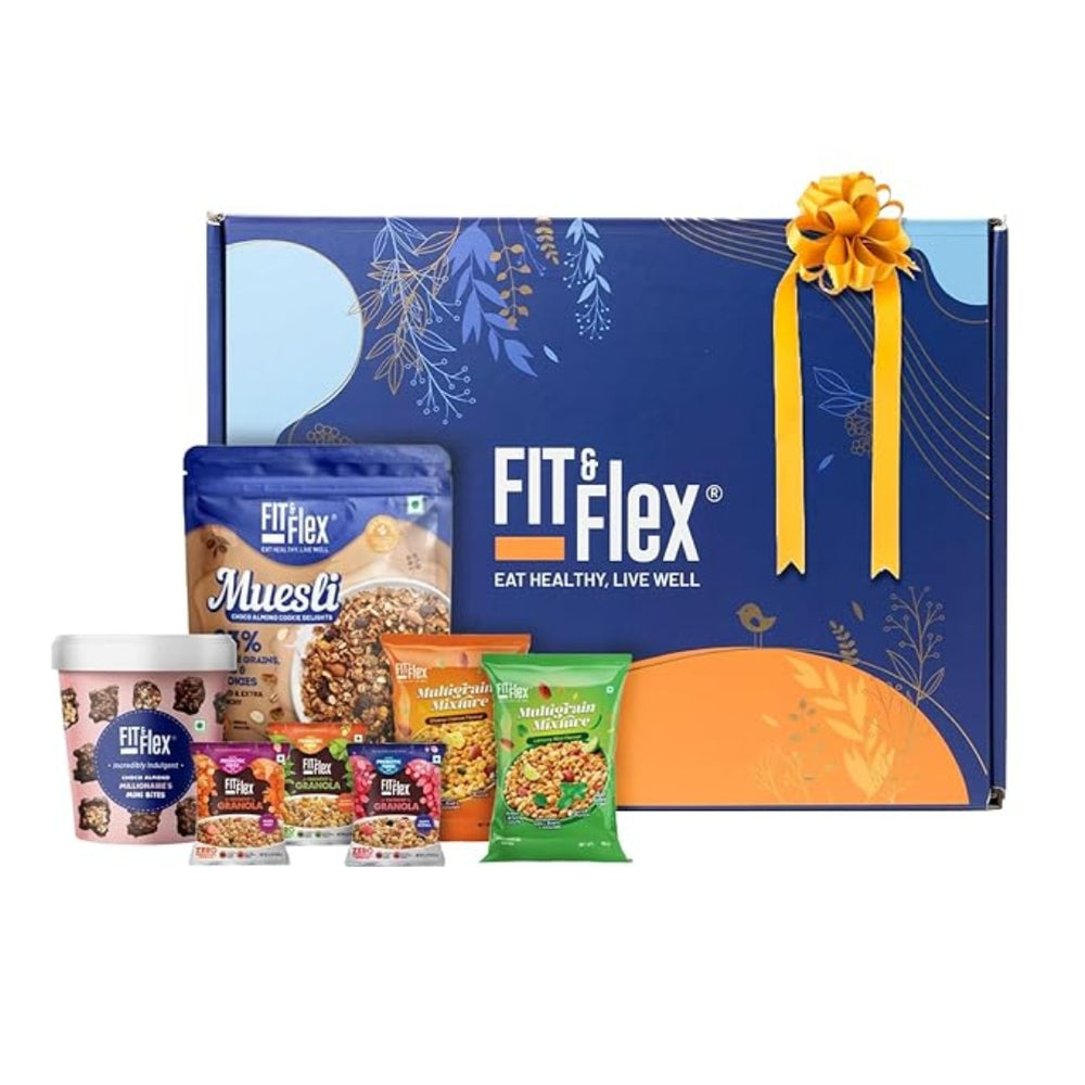 
                  
                    Gift Hamper Box Assorted Pack of Premium Snacks (Granola, Muesli, Chocolates & Namkeen) | Pack of 7
                  
                