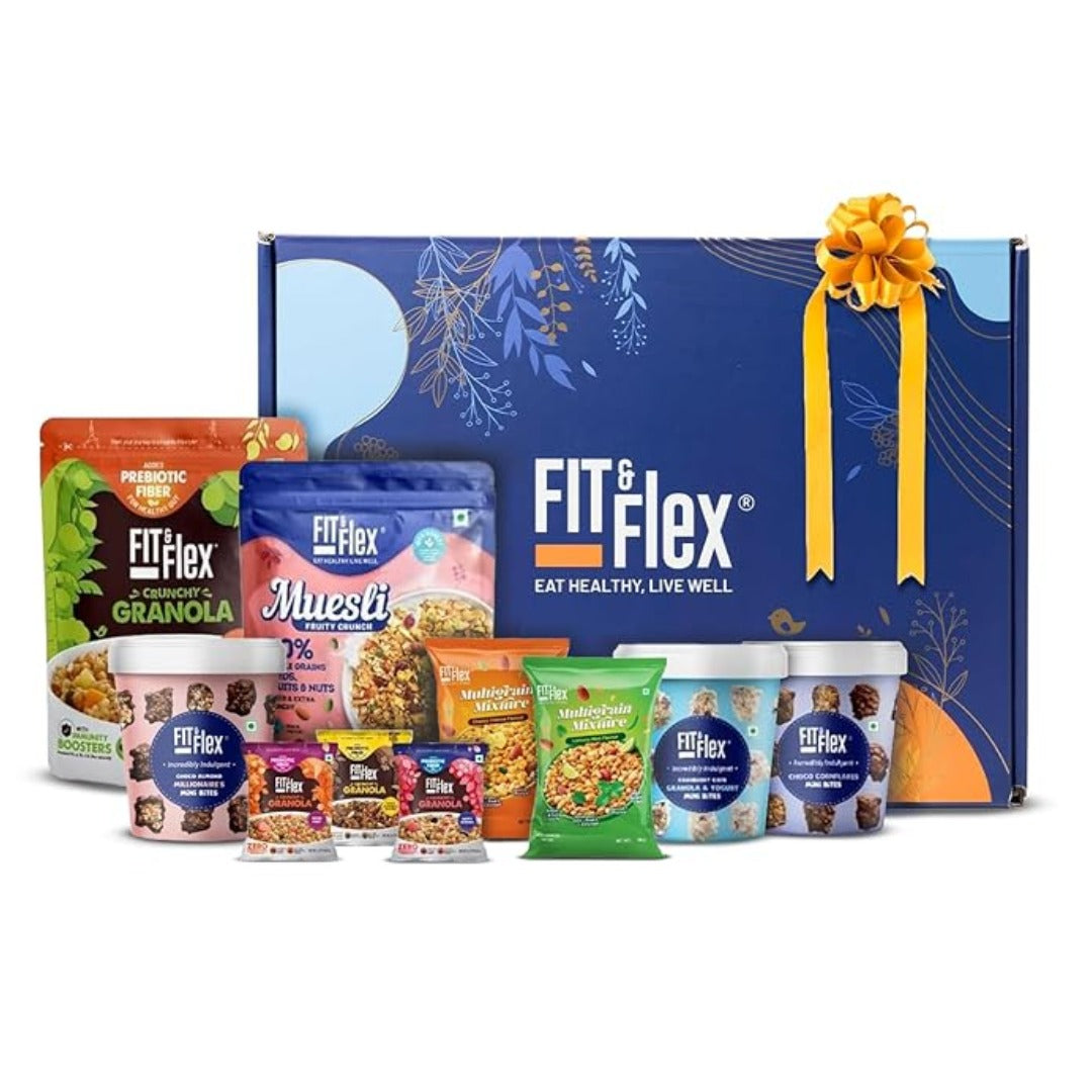
                  
                    Gift Hamper Box Assorted Pack of Premium Snacks (Granola, Muesli, Chocolates & Namkeen) | Pack of 10
                  
                