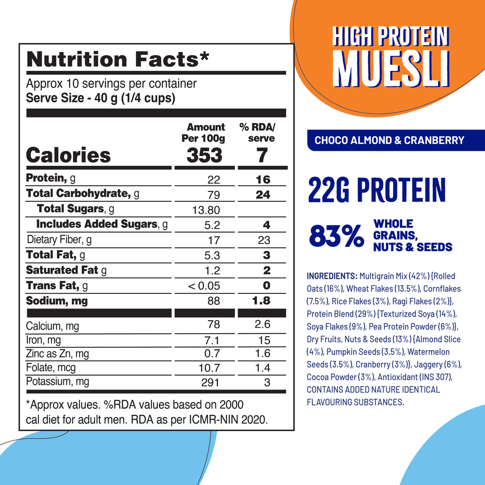 
                  
                    22G High Protein Muesli - Choco Almond & Cranberry 400g
                  
                