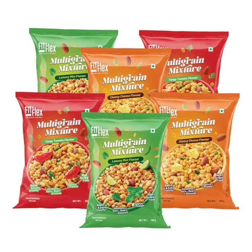 Pack of 6 | Multigrain Lemony Mint, Tangy Tomato & Cheesy Cheese Namkeen Mixture