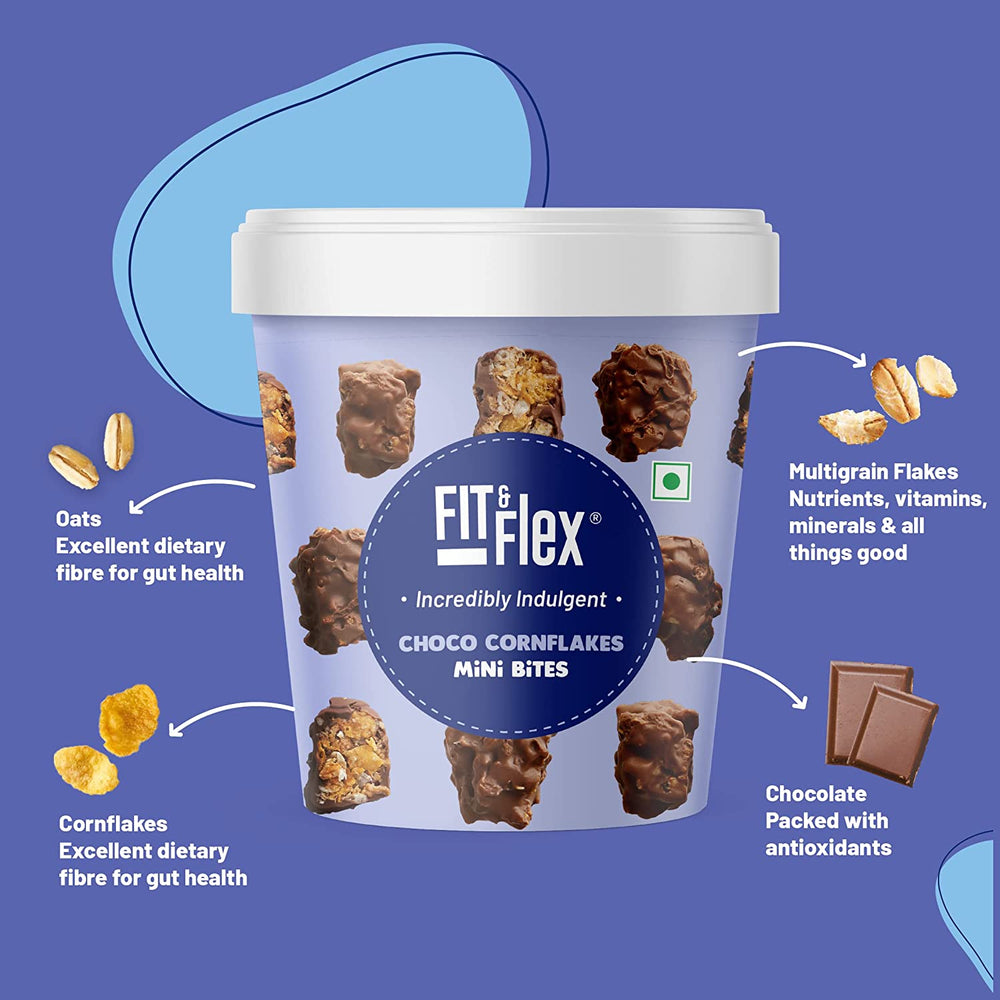 
                  
                    Fit & Flex Choco Cornflakes Mini Bites | Oat Rich, Healthy Snacks | High Dietary Fibre | Sweet Treats
                  
                